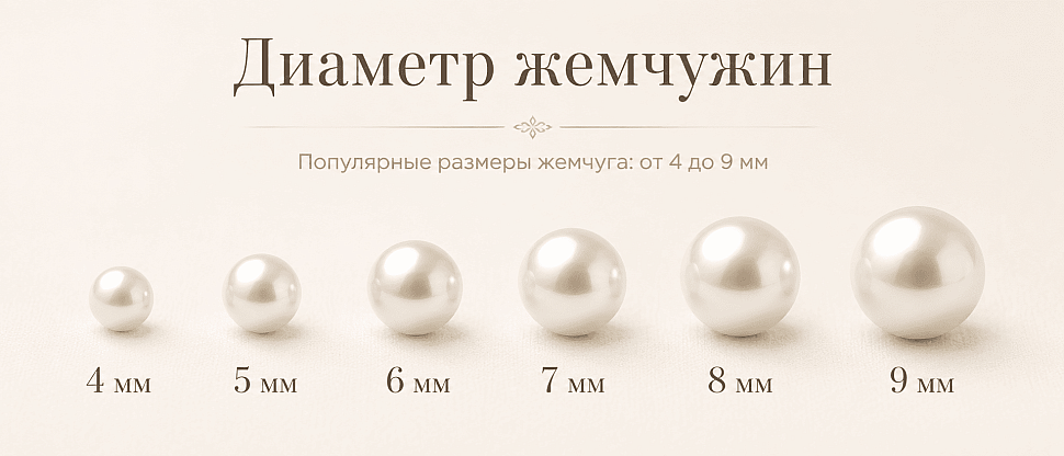 Диаметр жемчужин: размеры от 4 до 9 мм Диаметр жемчужин: размеры от 4 до 9 мм